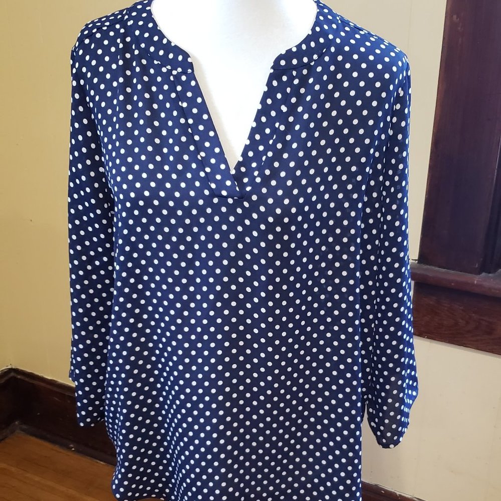 Chaus New York Navy Blue Polka Dot Blouse